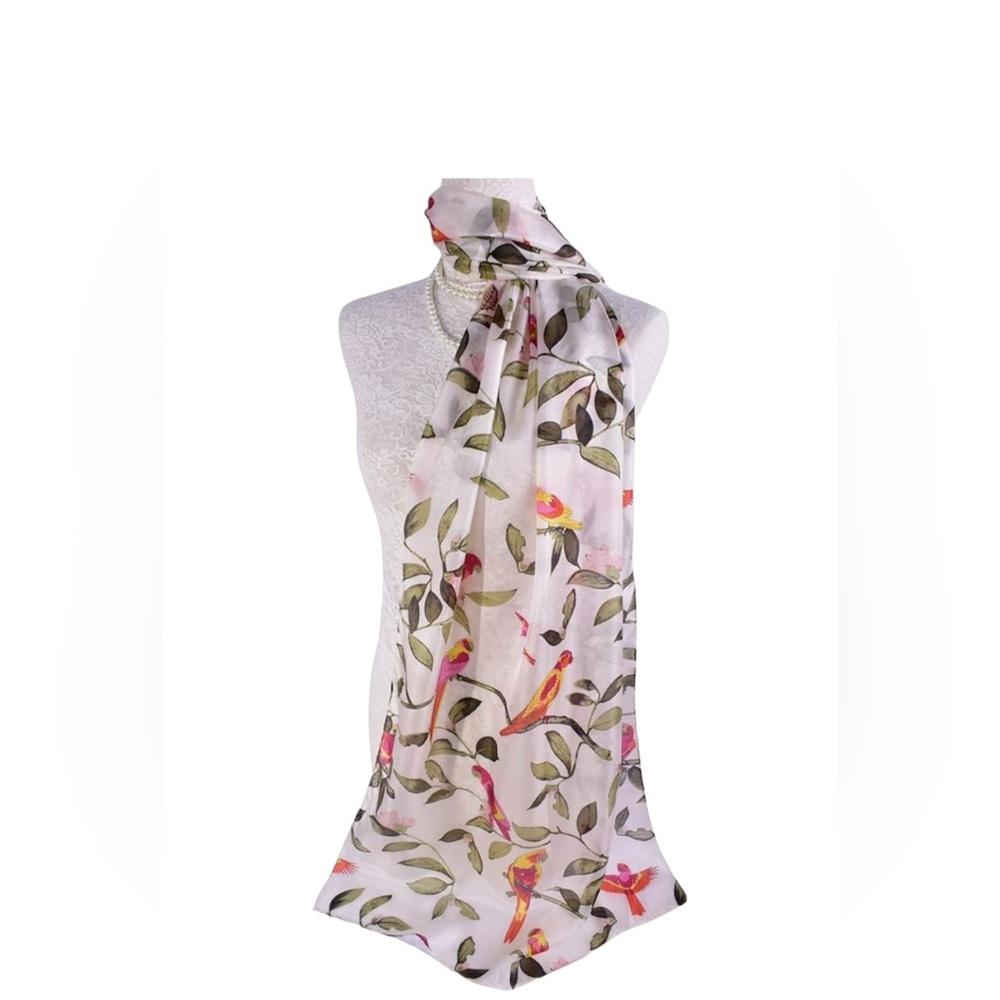 100% Silk White Scarf Bird Lightweight Head Neck Wrap Shawl